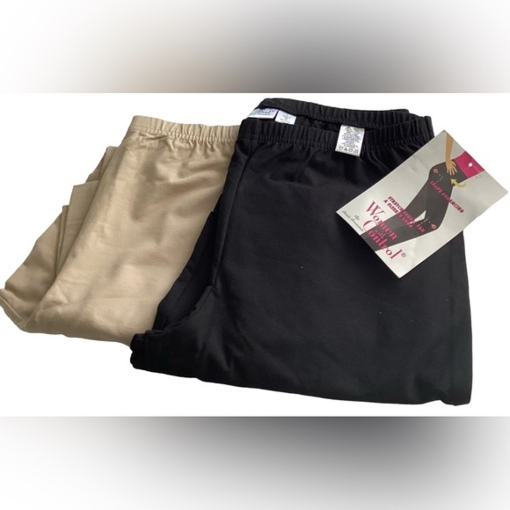 NWT! 2 Pair Women with Control Straight Leg Side Slit Crop Pants Black Tan